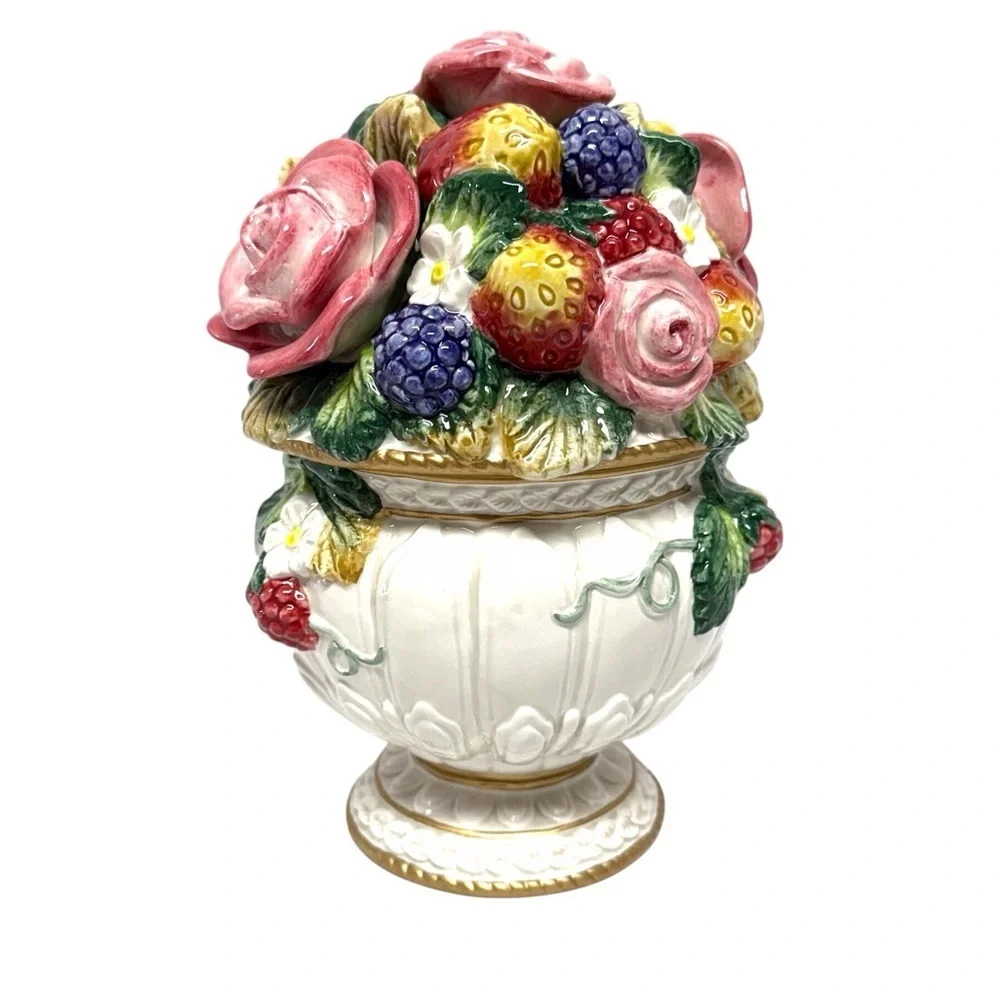 Fitz and Floyd Strawberries & Roses Lidded Candy Jar with Pink/Gold Accents EUC